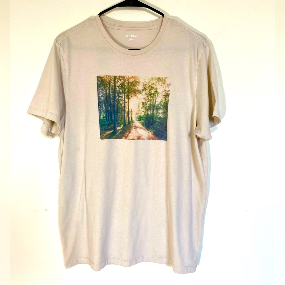 Old Navy T Shirt Forest Trees Print Womens Cream Oversized Tee loose fit y2k